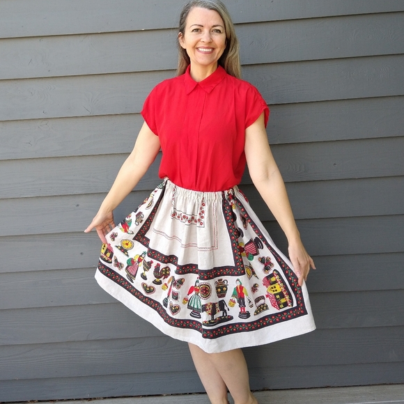 folksy LINEN TABLECLOTH SKIRT vintage novelty M L - Picture 2 of 11